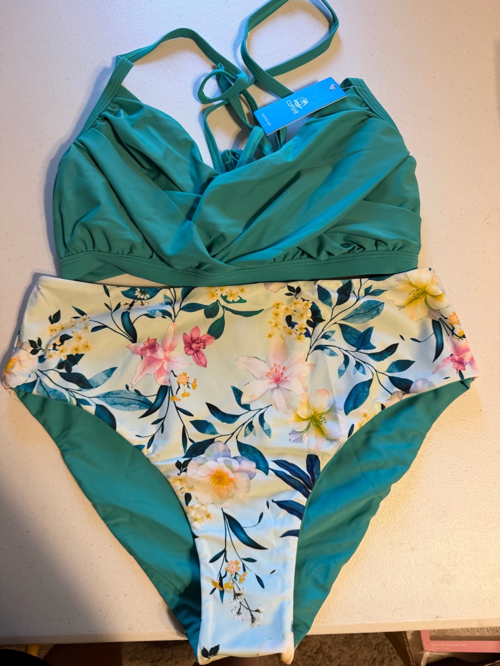 Cupshe Teal Floral High-Waist Bikini Set
